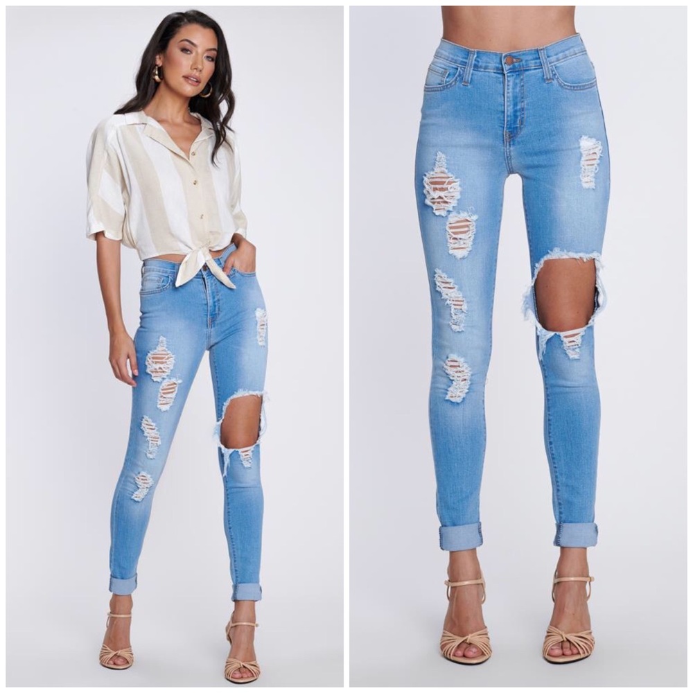 Distressed Tencel High Waist Skinny Jeans - Picture 2 of 7